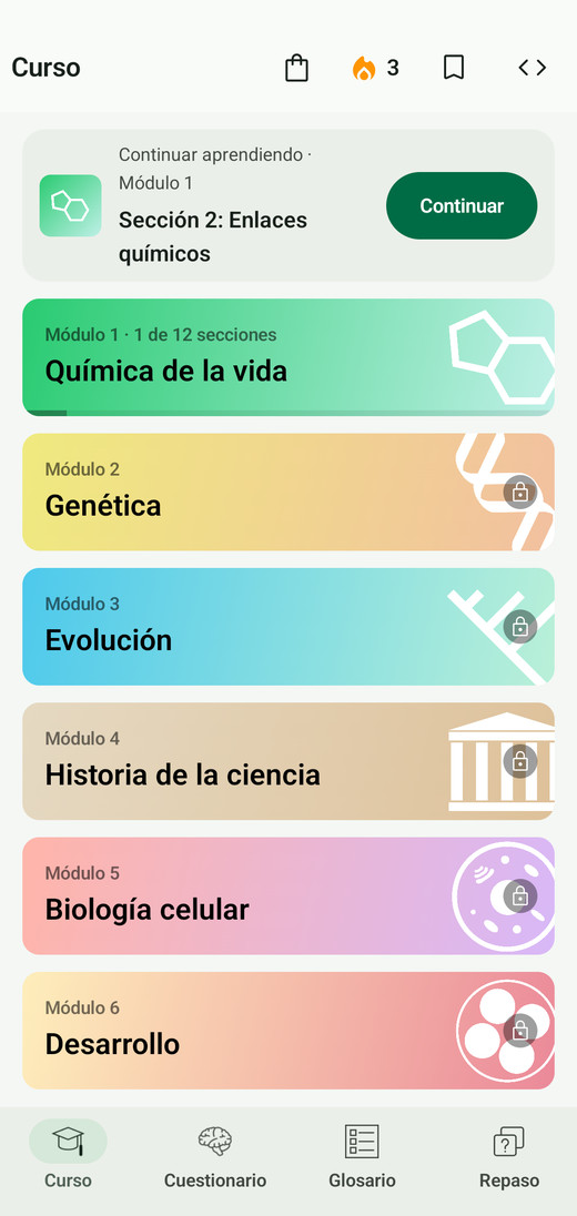 La pantalla Curso de Codon One en Android
