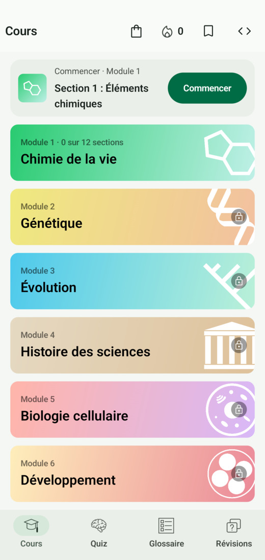 L'écran Cours de Codon One sur Android
