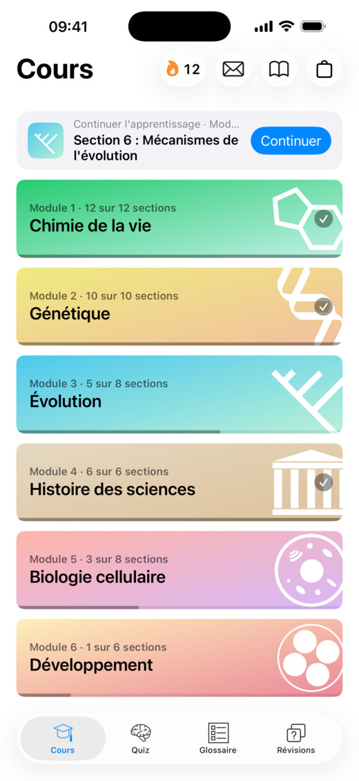 Menu du cours de Codon One avec six modules
