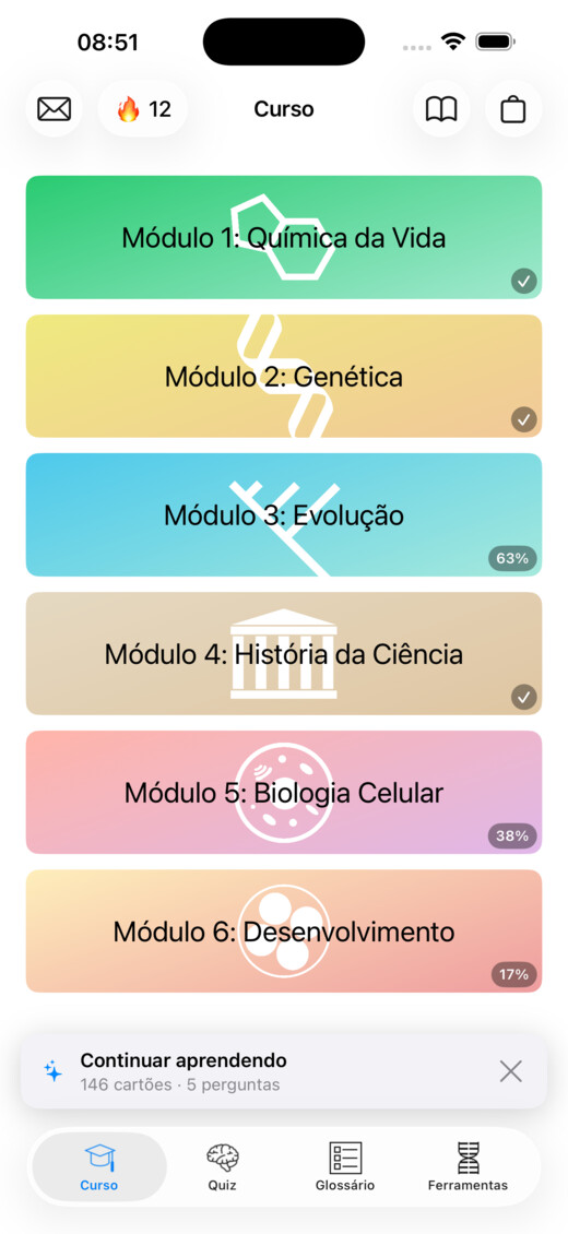Menu do curso do Codon One com seis módulos